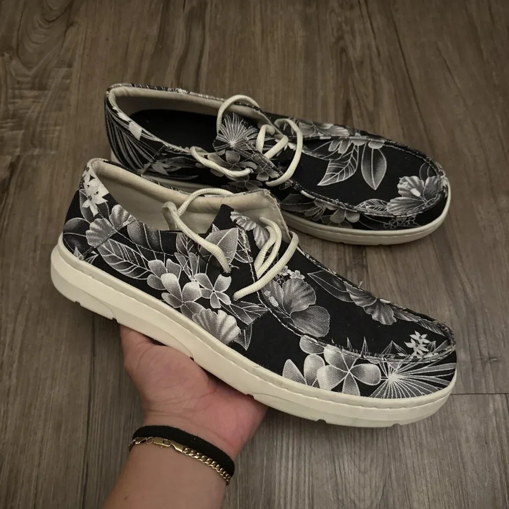 Ariat Hilo Hula Print Canvas Boat Deck Shoe Mens 12 Black White Tropical Worn 1